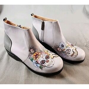 Women's Anuschka Rachel Printed Leather Sugar Skull Clog Booties Size 9